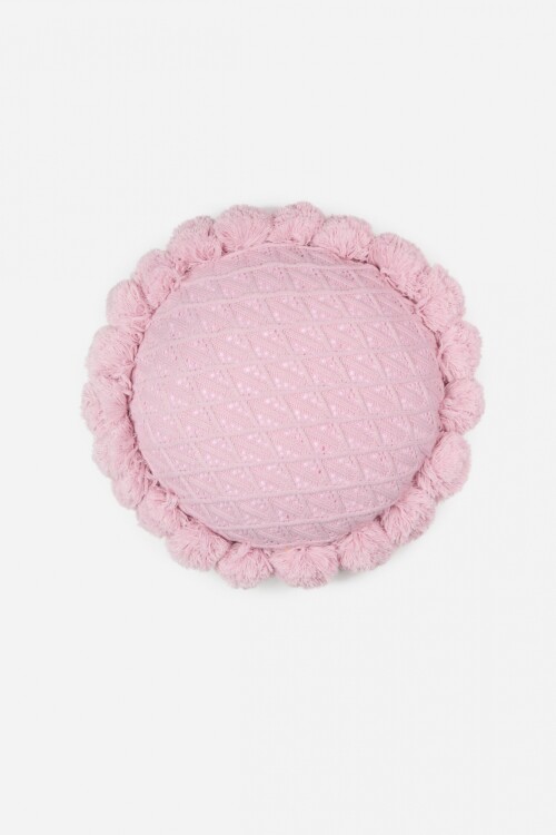 Almohadon circular tejido con pompones rosa