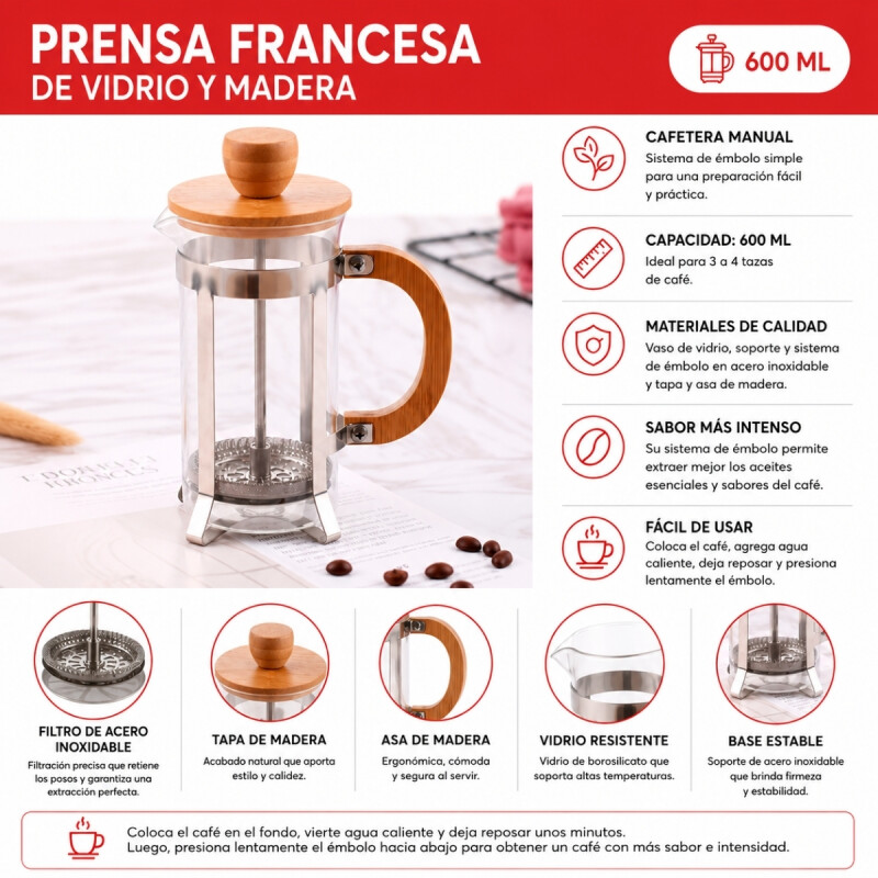 Prensa Francesa Vidrio y Madera 600 ML MADERA