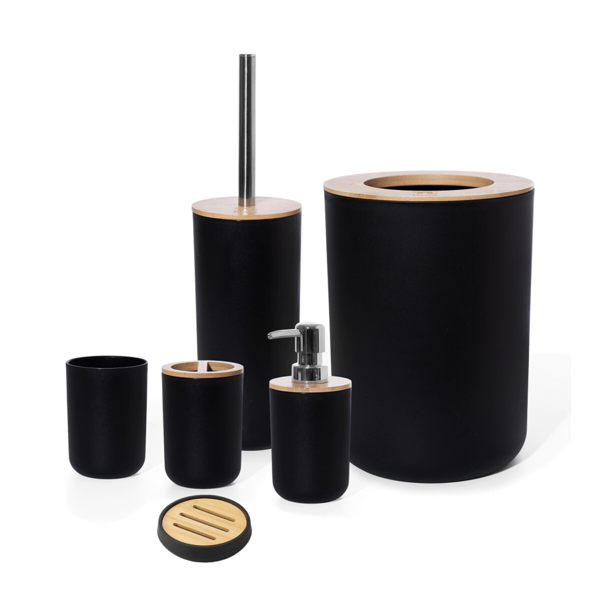 Set De Baño Completo Moderno 6 Piezas Bambú y Plástico - Negro 