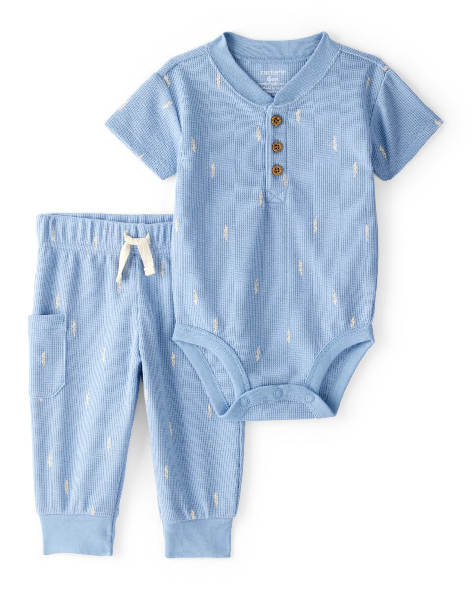 Set dos piezas de algodón térmico, pantalón y body, azul, diseño rayos 