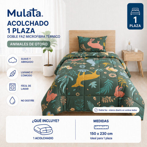 Acolchado 1 Plaza Doble Faz Microfibra Térmico 150 x 230cm - Animales de Otoño Acolchado 1 Plaza Doble Faz Microfibra Térmico 150 x 230cm - Animales de Otoño