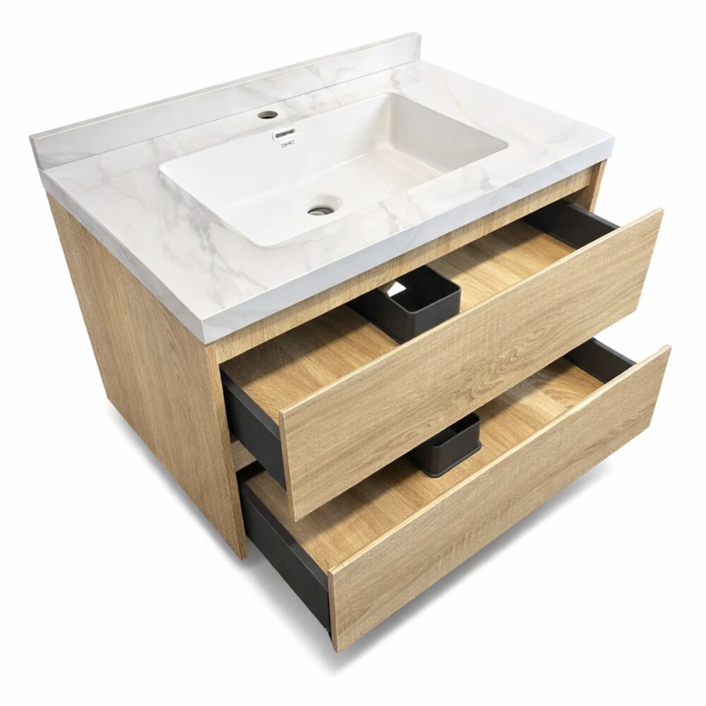 Mueble de baño suspendido Vip Oak 80cm mesada calacata con Bacha de Loza Mueble De Baño Suspendido Vip Oak 80cm Mesada Calacata Con Bacha De Loza
