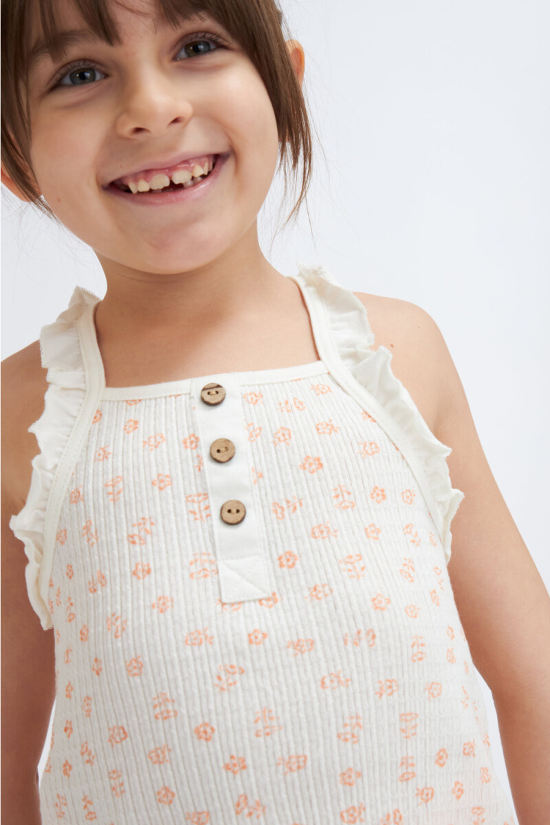 Camiseta en rib sin mangas con flores Crudo