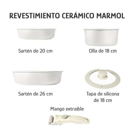Set de Batería de Cocina 5 Piezas Mango Extraíble Cerámica Crema