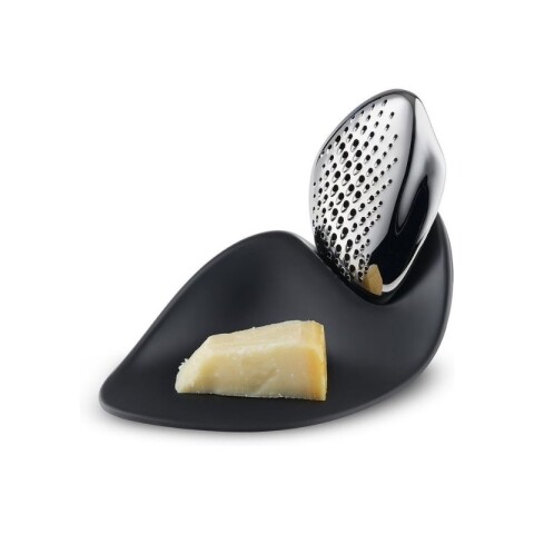 Designer grater made of 18/10 stainless steel and melamine base Designer grater made of 18/10 stainless steel and melamine base