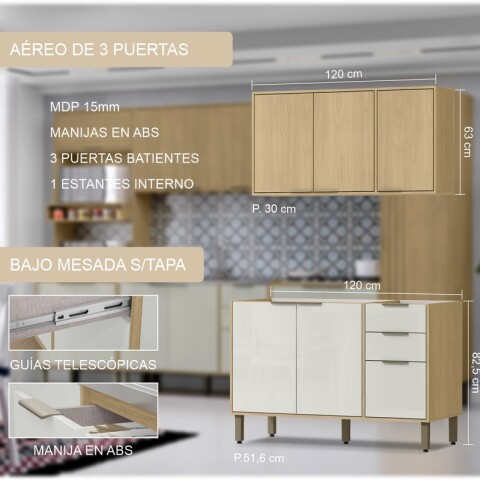 Cocina Modular Gloria Bajo Mesada 3 Puertas 2 Cajones y Aéreo 3 Puertas y Estantes MDP 15mm - Castaño / Off White Cocina Modular Gloria Bajo Mesada 3 Puertas 2 Cajones y Aéreo 3 Puertas y Estantes MDP 15mm - Castaño / Off White