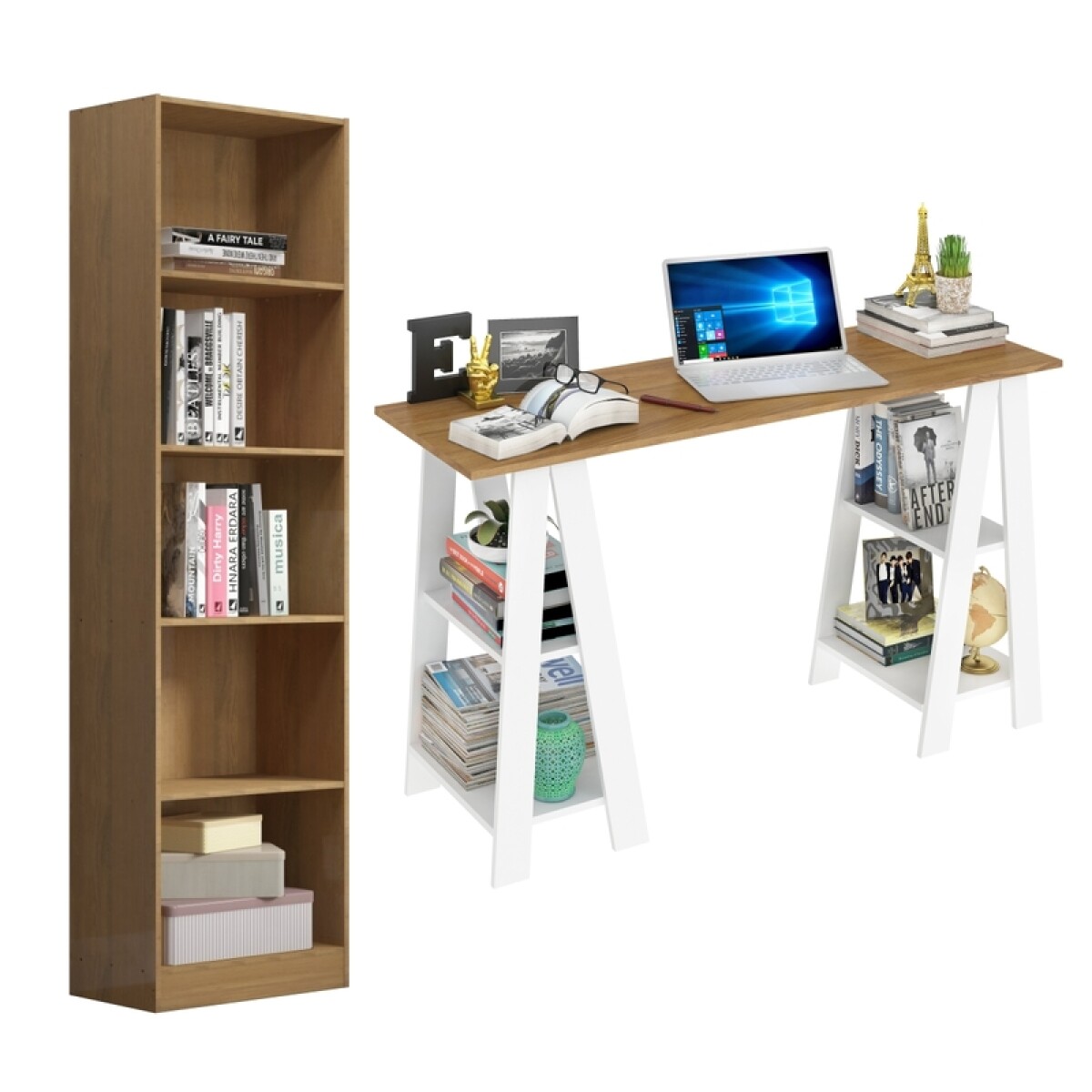 Combo de Escritorio Caballete con Biblioteca 5 Estantes - Roble / Blanco 