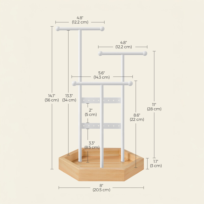 SONGMICS Organizadora de Joyas de Metal de 3 Niveles con Base de Madera – Soporte para Pulseras, Relojes y Pendientes Blanco