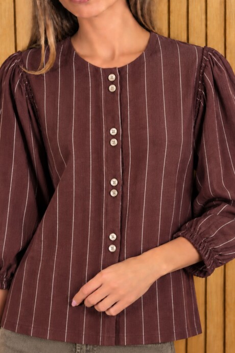 Camisa Melón Lino Raya Chocolate
