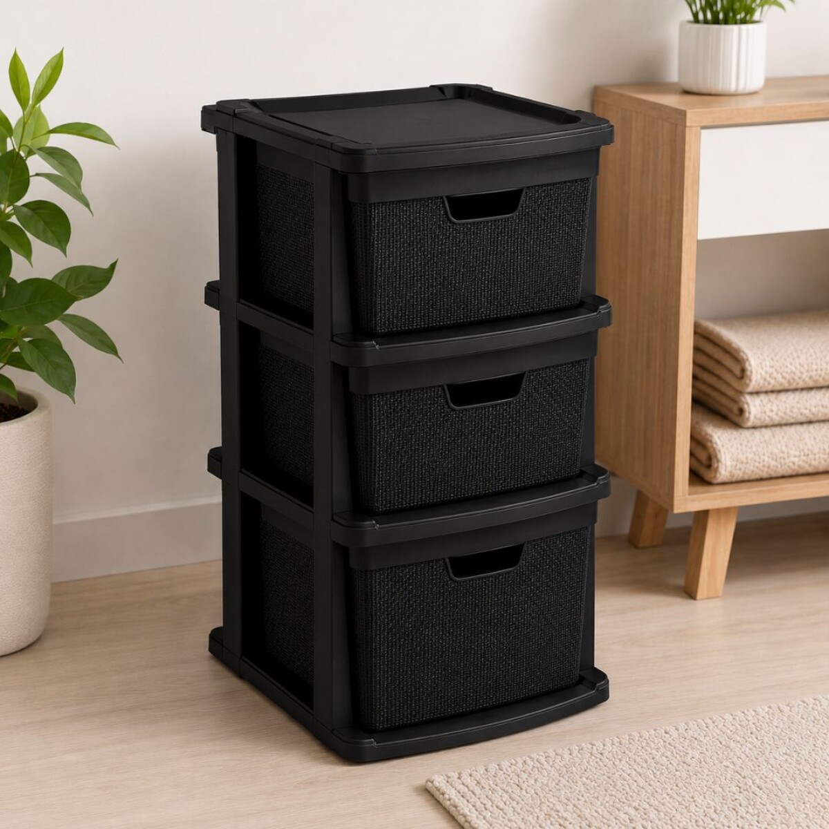 Cajonera Gavetero Estante simil Rattan 3 Cajones 15lts Negro 