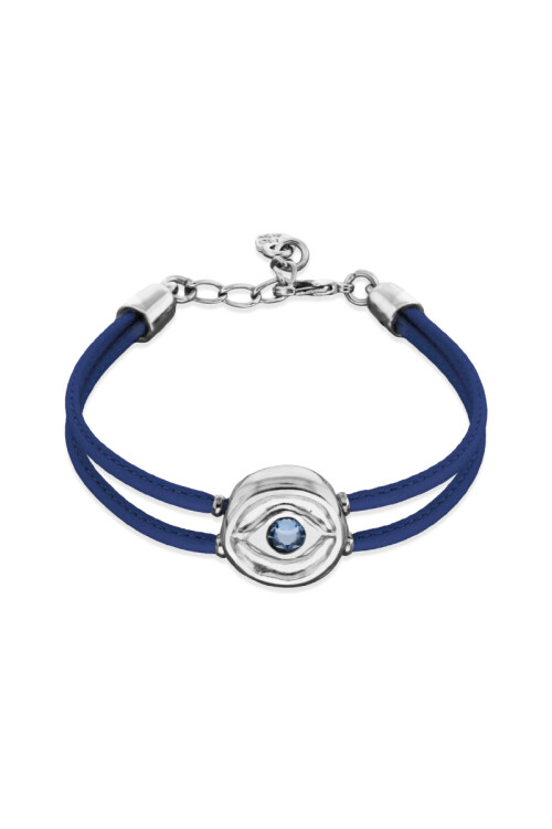 PULSERA DE CUERO DOBLE AZUL CON DETALLE DE OJO EN ALEACIÓN DE METALES BAÑADO EN PLATA Y CRISTAL Pulsera