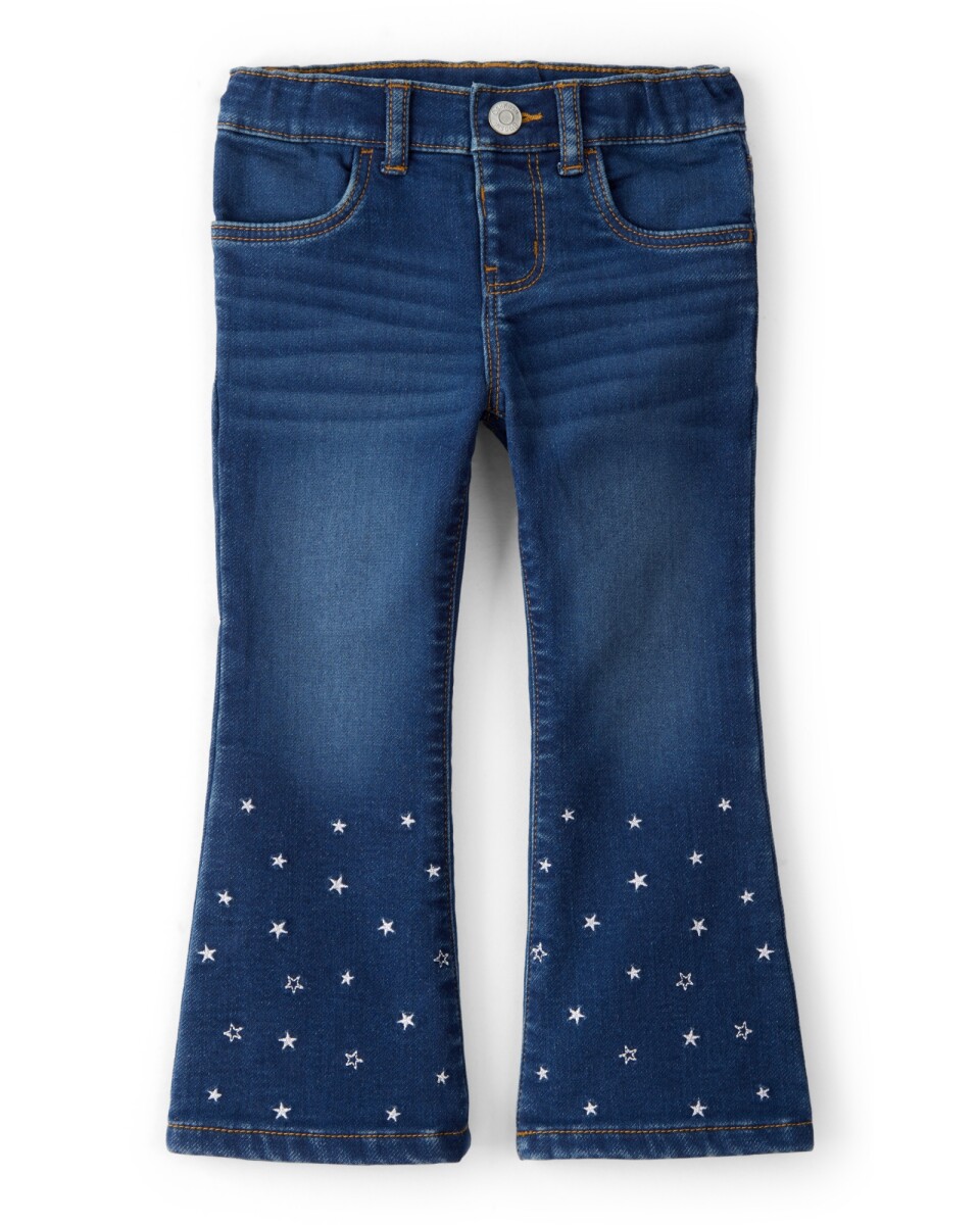 Pantalón jean, acampanado, diseño estrellas 