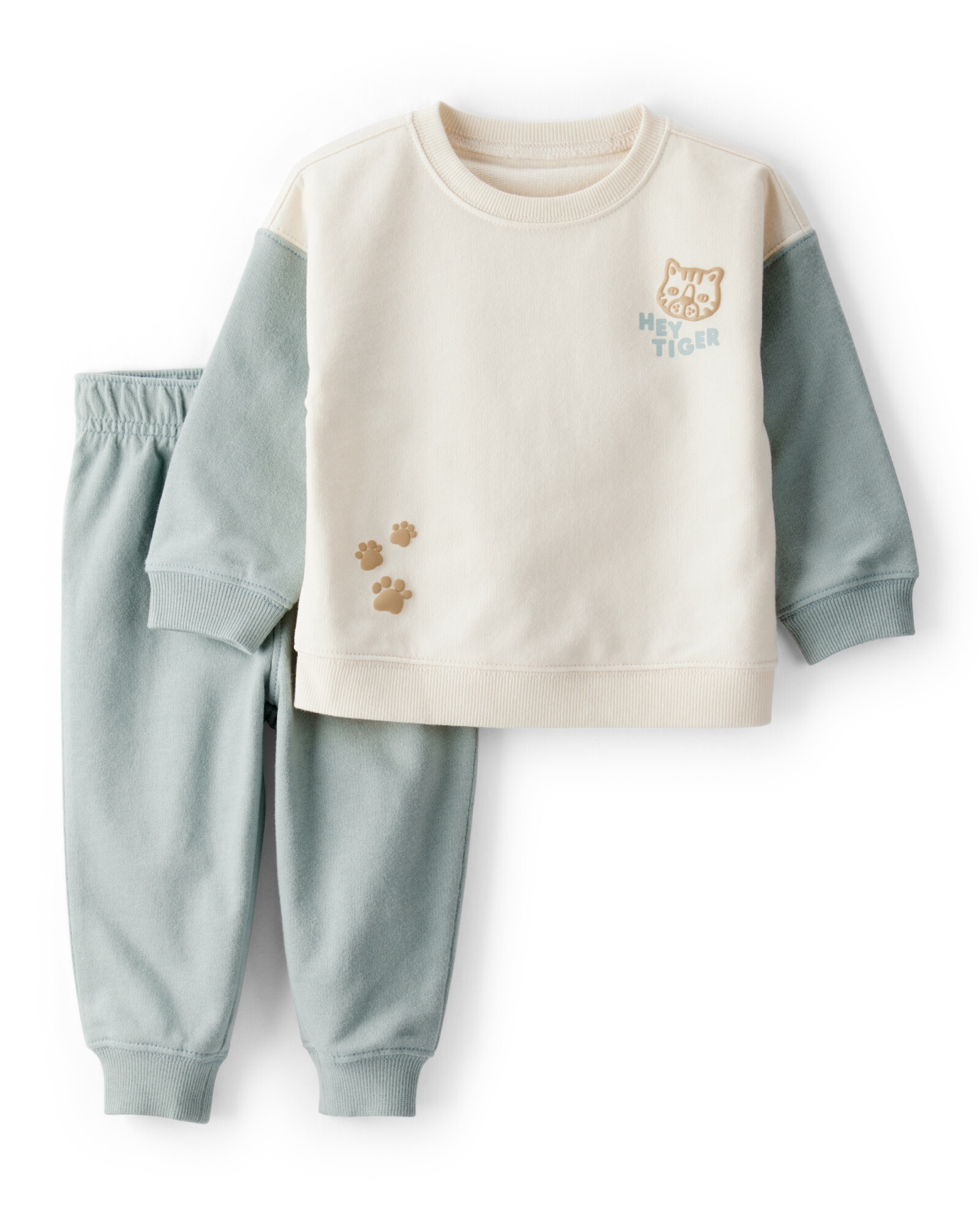 Set dos piezas de algodón, pantalón y buzo, azul y crema, estampa tigre. Talles 6-24M Set dos piezas de algodón, pantalón y buzo, azul y crema, estampa tigre. Talles 6-24M