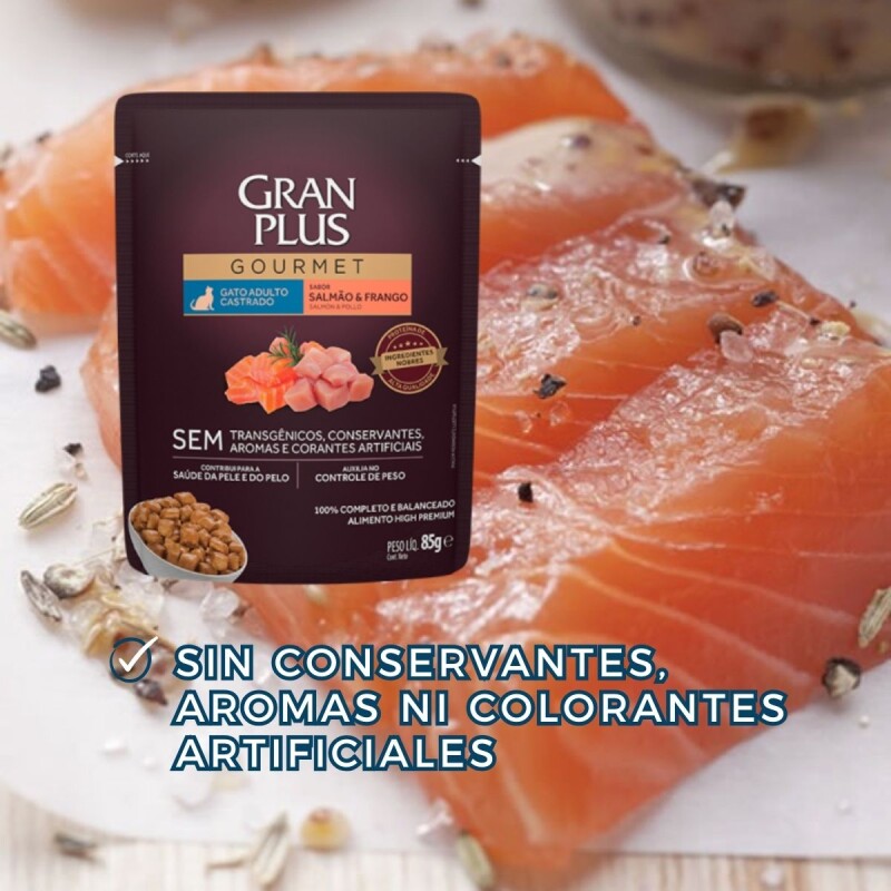 GRAN PLUS EN SALSA GATO CASTRADO SALMON Y POLLO 85 GR