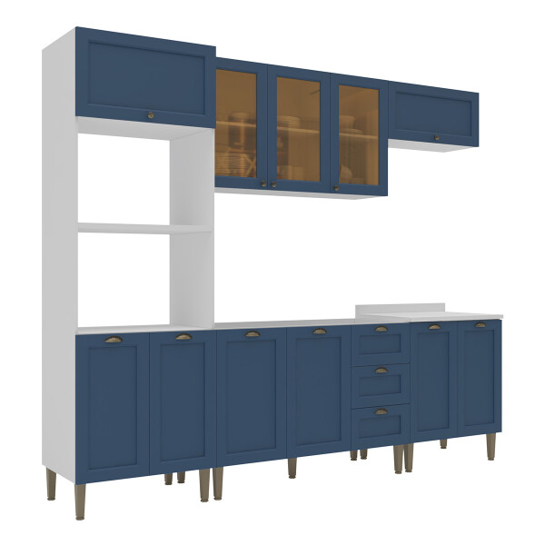 KIT DE COCINA MODELO LAVANDA 5 MÓDULOS CON PUERTA DE VIDRIO BLANCO/AZUL ROYAL Kit De Cocina Modelo Lavanda 5 Módulos Con Puerta De Vidrio Blanco/azul Royal