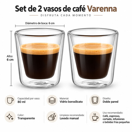 Vasos Café Doble Pared X2 Varenna 80ml Vidrio Borosilicato Transparente