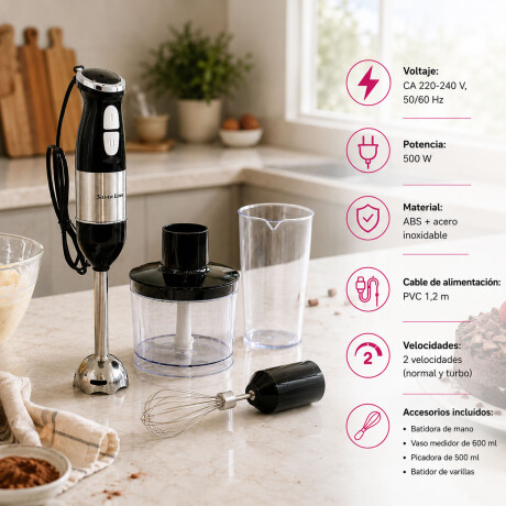 Mixer Batidor 500W 4 En 1 Picadora Turbo Bajo Consumo Negro
