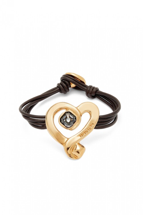 PULSERA DE CUERO CON CORAZON EN ALEACION DE METALES BAÑADO EN ORO 18K CON CRISTAL NEGRO Pulsera