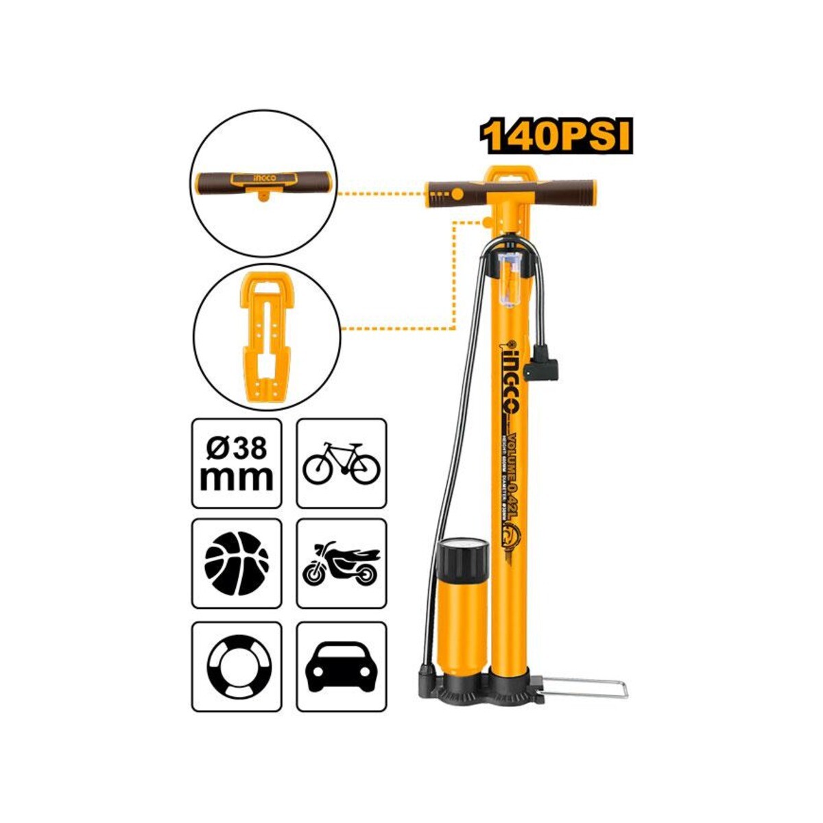 Inflador de Pie INGCO MPP3811 con Manómetro y Tanque 