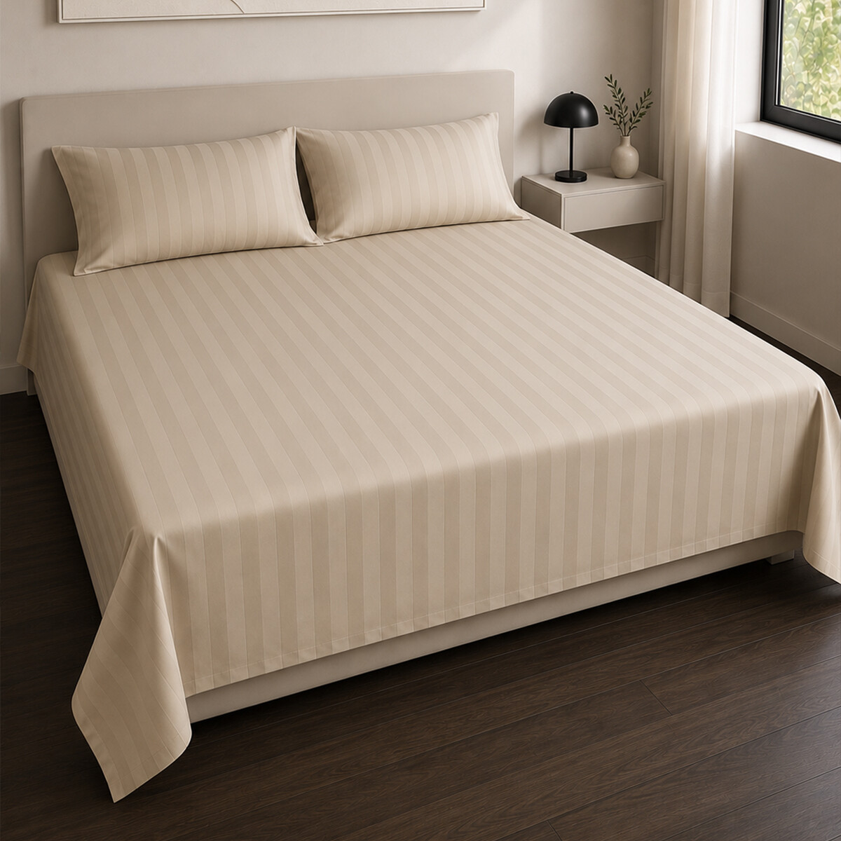 Juego de sábanas KING de tela a rayas Premium 400 hilos - Beige 
