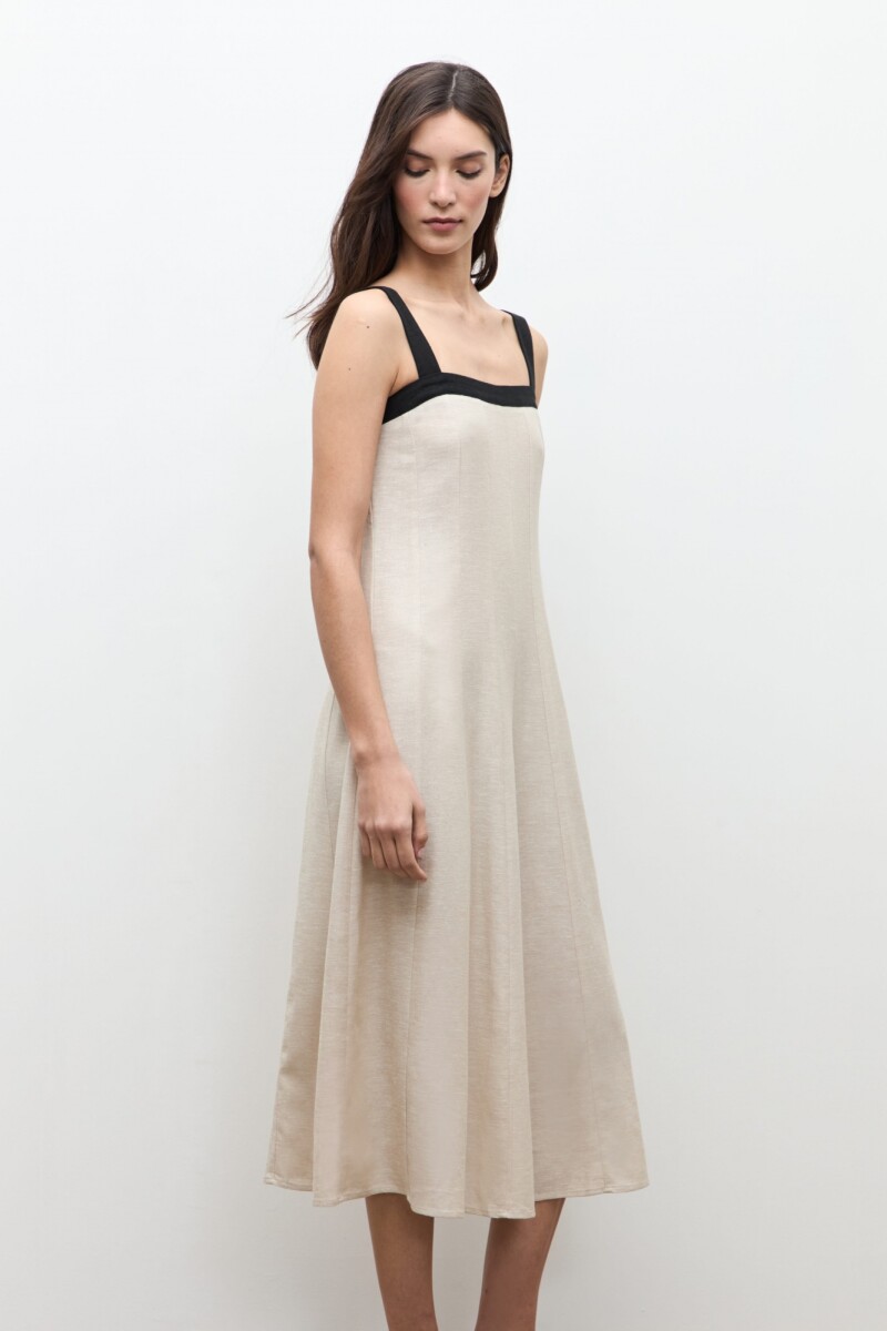 Vestido lino cortes verticales beige melange