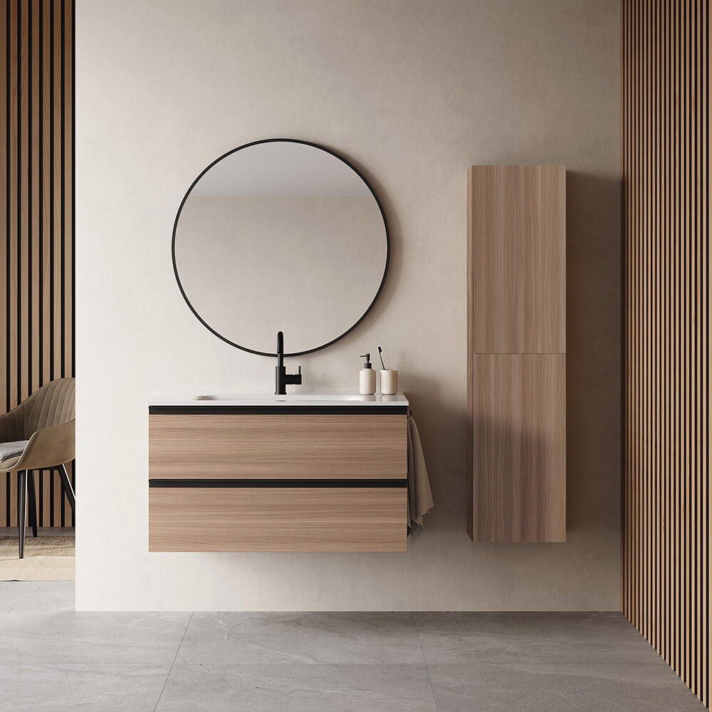 CONJUNTO MUEBLE DE BAÑO SUSPENDIDO MODELO VIDA 80 CM COLOR NOGAL ARENADO / CON MESADA Y ESPEJO Conjunto Mueble De Baño Suspendido Modelo Vida 80 Cm Color Nogal Arenado / Con Mesada Y Espejo