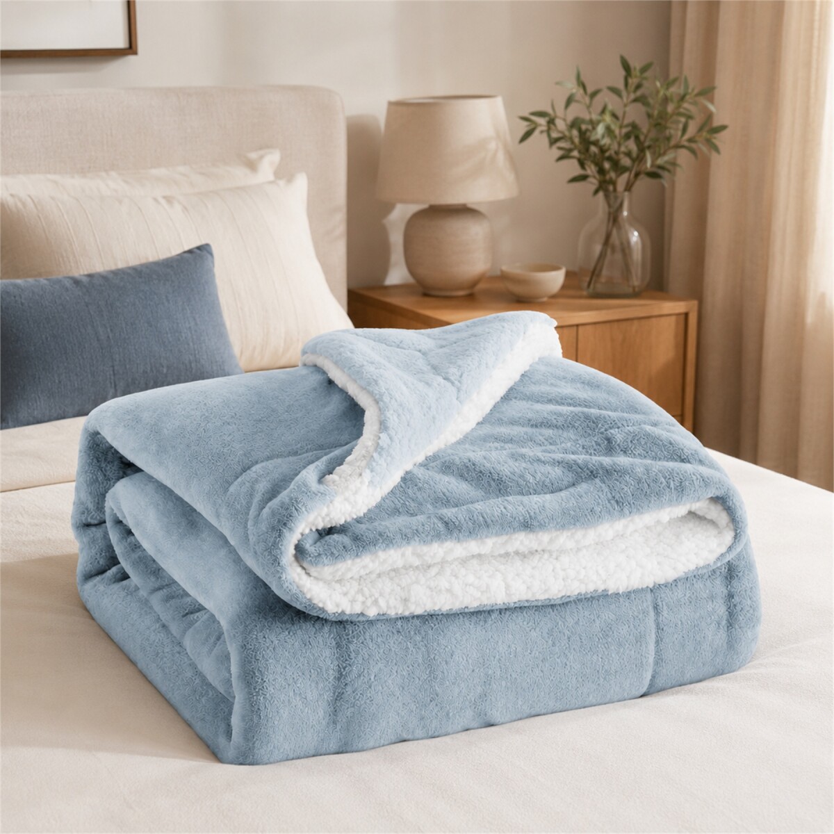 Frazada Manta Polar Con Corderito Acolchado 1 Plazas 200x150 - Celeste 