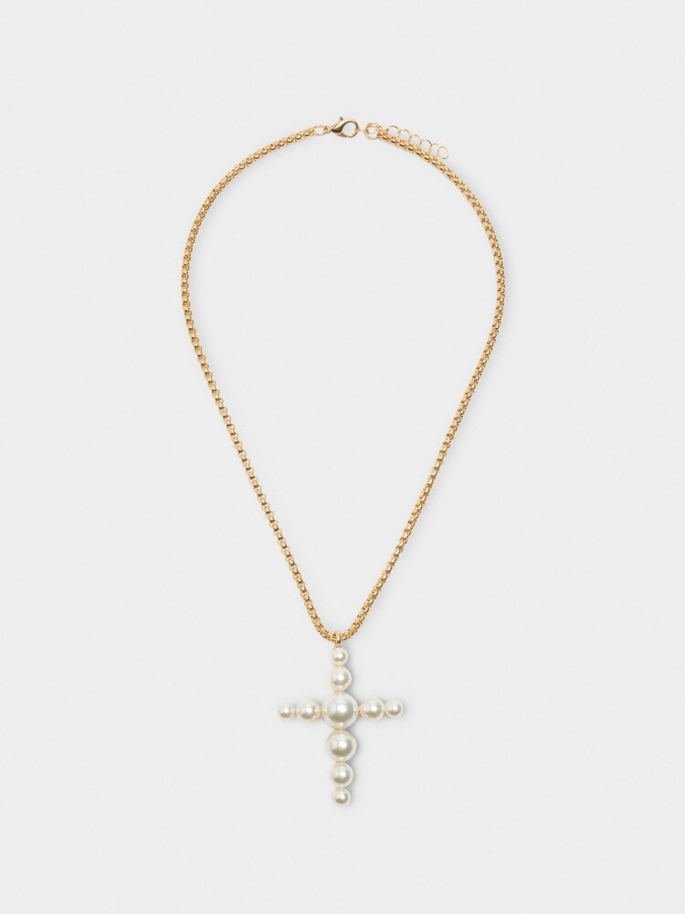 Collar Corto Con Colgante De Cruz Con Perlas blanco