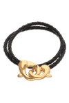 PULSERA DE CUERO DOBLE NEGRO CON MOSQUETÓN ENTRELAZADO BAÑADO EN ORO 18K Pulsera