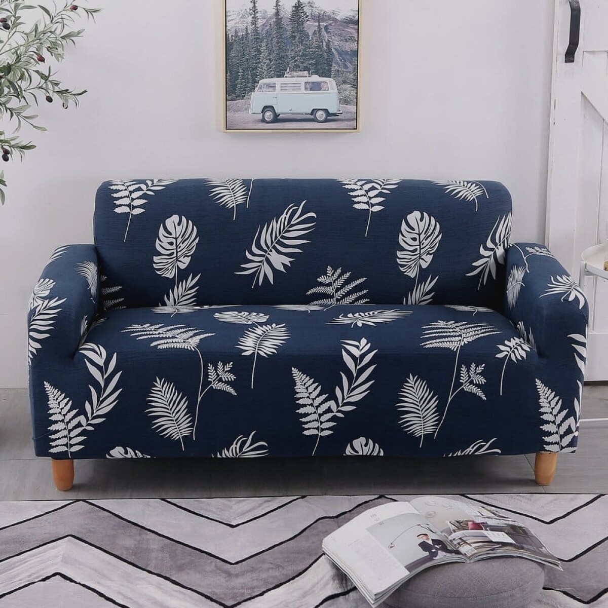 Funda sillón 4 cuerpos estampada - Hojas Azules 
