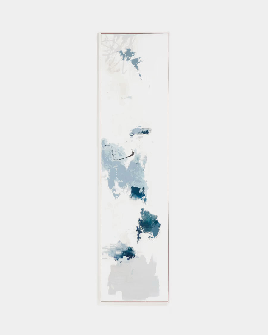 Cuadro abstracto Erale gris y azul pintado a mano 47 x 182 cm