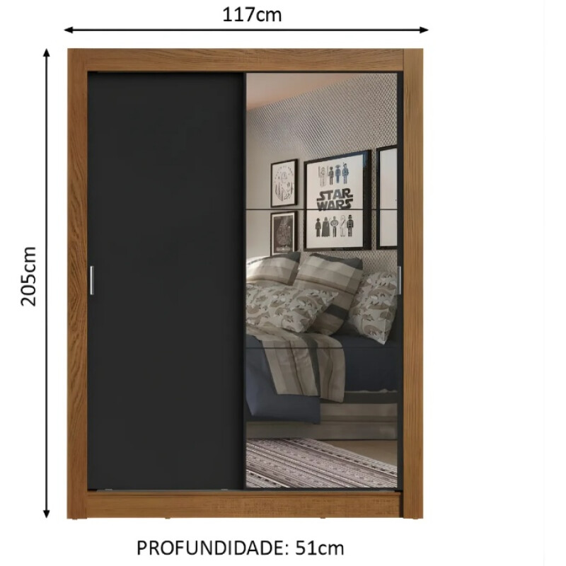 Ropero Placard 2 Puertas Corredizas 1 Espejo Denver Negro