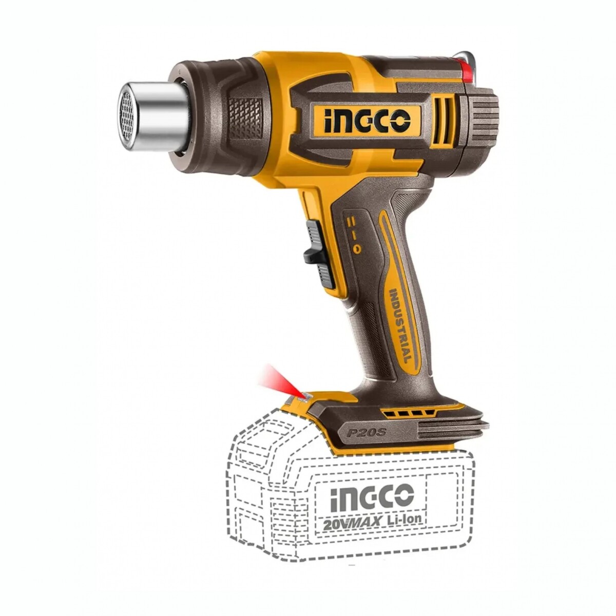 Pistola De Calor A Batería INGCO HGLI2058 580°C P20S 20V Con Accesorios 