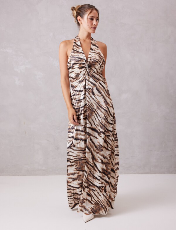 Vestido Largo Halter Plisado Con Broche MULTI/MARRON
