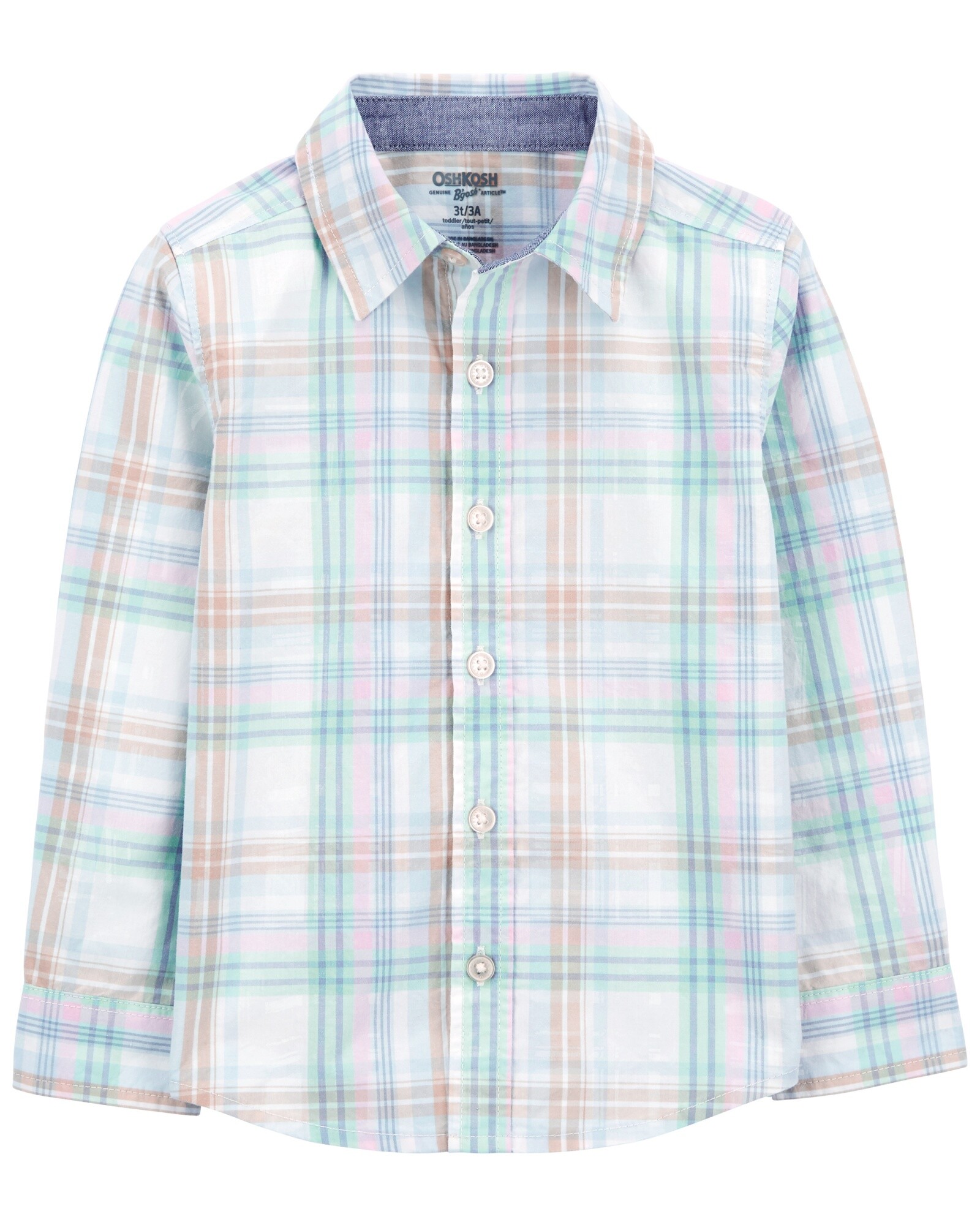 Camisa de algodón, manga larga diseño a cuadros. Talles 2-5T Sin color