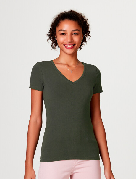 CAMISETA BÁSICA MANGA CORTA CUELLO EN V VERDE OSCURO