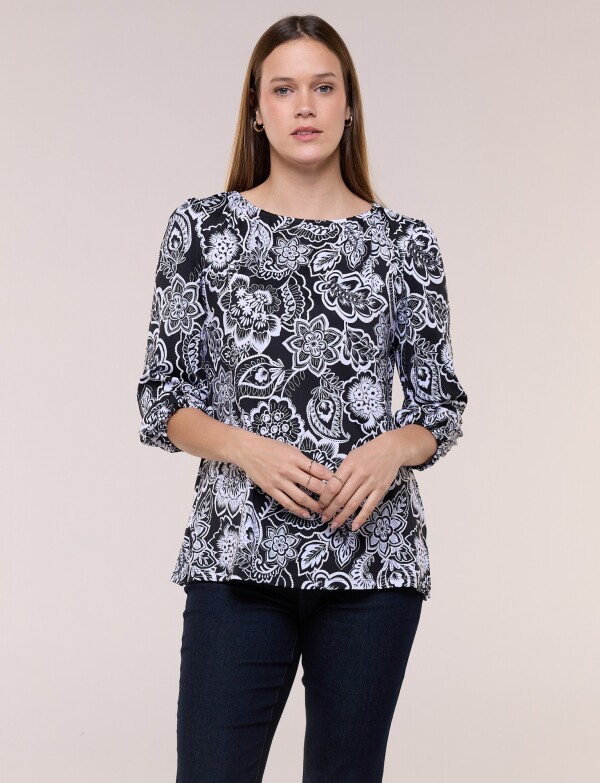 Blusa Manga Abullonada Estampado Floral Arabesco NEGRO/BLANCO