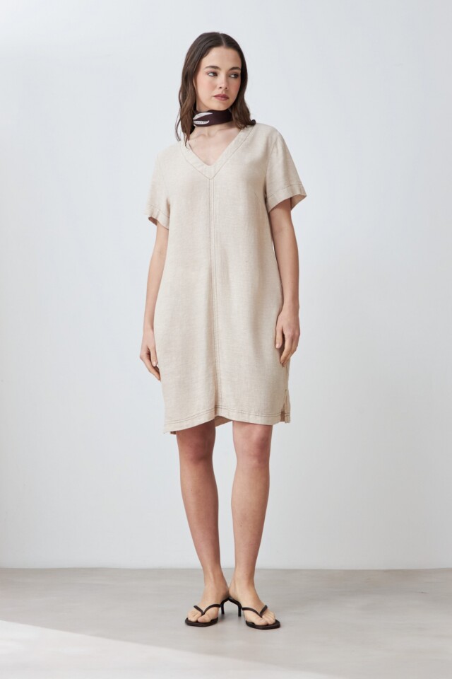 Vestido de lino con pespuntes en contraste beige melange