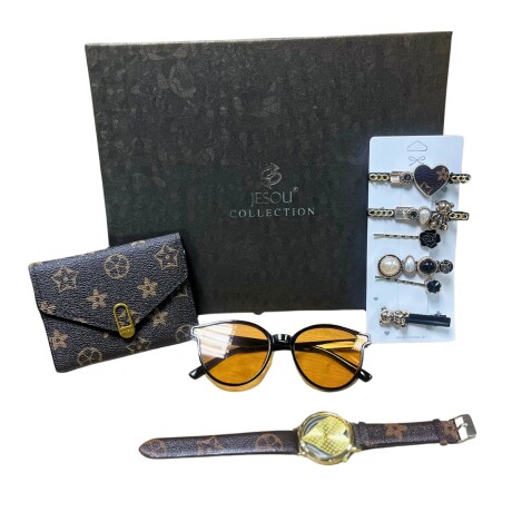 Pack Dama Monedero Lentes de Sol Reloj y Broches de Pelo NEGRO