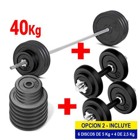 Set 2 Mancuernas + Barra 1.5m + 40k Hierro Compacto 6 Discos de 5kg + 4 de 2.5kg