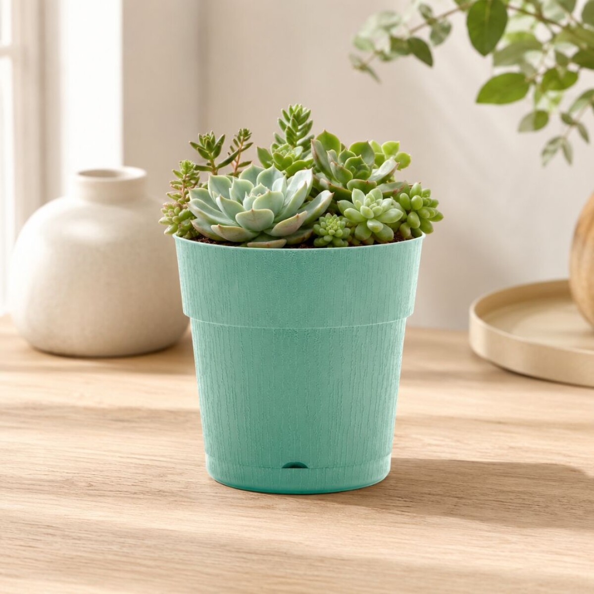 Maceta de plastico redonda con plato 660ml Verde 