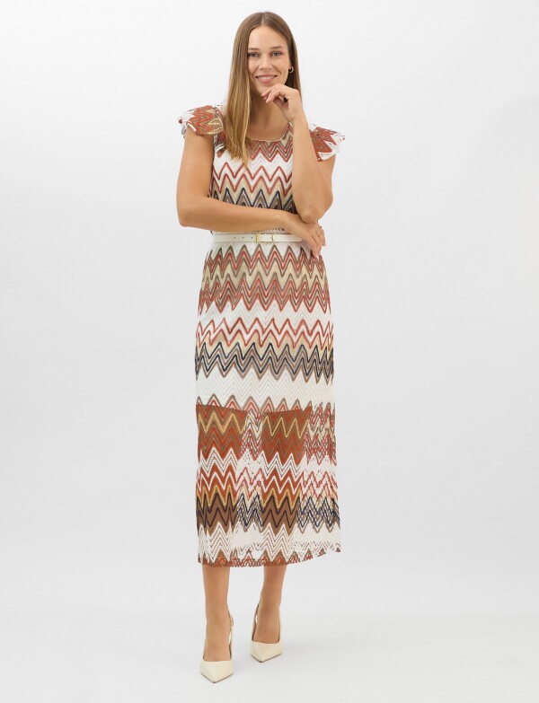 Vestido Midi Calado Con Estampado Zigzag BLANCO/MULTI