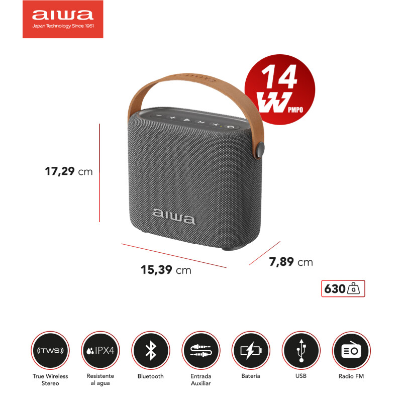 Parlante Activo Bluetooth Portátil 14W PMPO | AIWA Gris | AWS70BTGC
