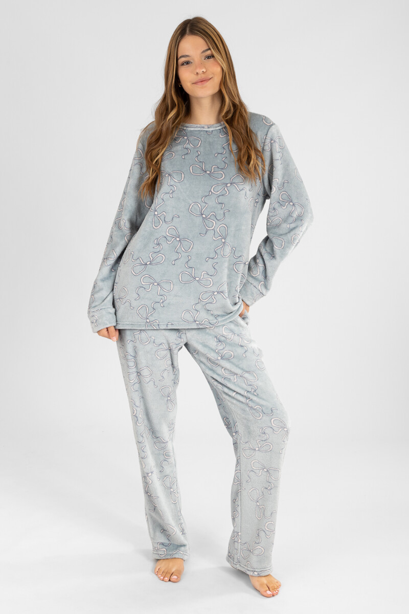 Pijama coral fleece moños - Celeste 