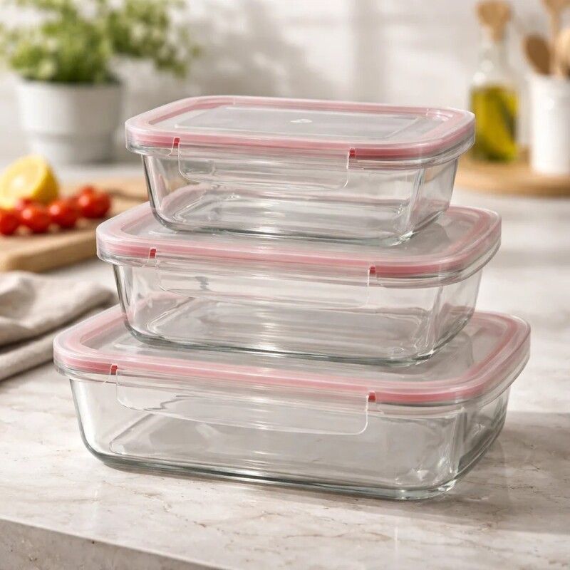 Set x 3 Tuppers Rectangulares de Vidrio c/Trabas - X-XM01-R Set x 3 Tuppers Rectangulares de Vidrio c/Trabas - X-XM01-R