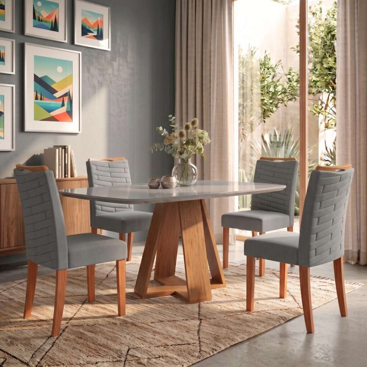 Juego De Comedor 4 Sillas + Mesa Tapa De Vidrio Celeste - Gris / Gris 