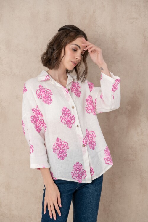 Camisa lino dama estampada Rosa