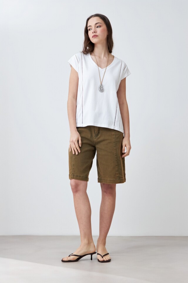 Remera escote en V con vainillas blanco