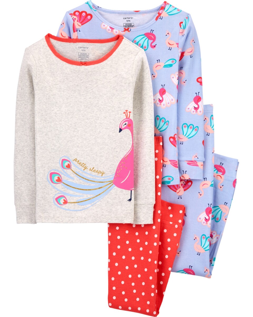 Pijama Cuatro Piezas Dos Pantalones y Dos Remeras Pavo Real Algodón 