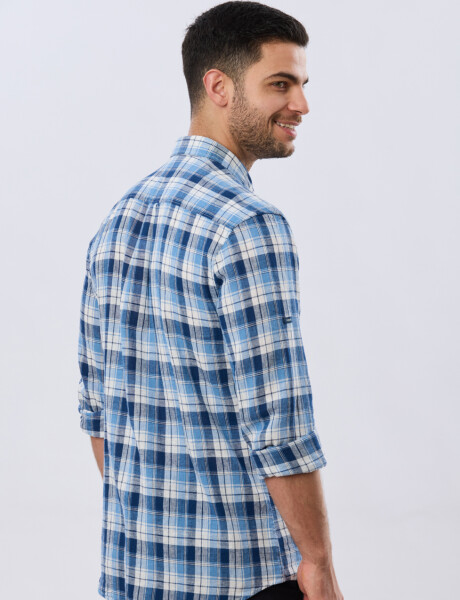 CAMISA CUADROS DE LINO Celeste